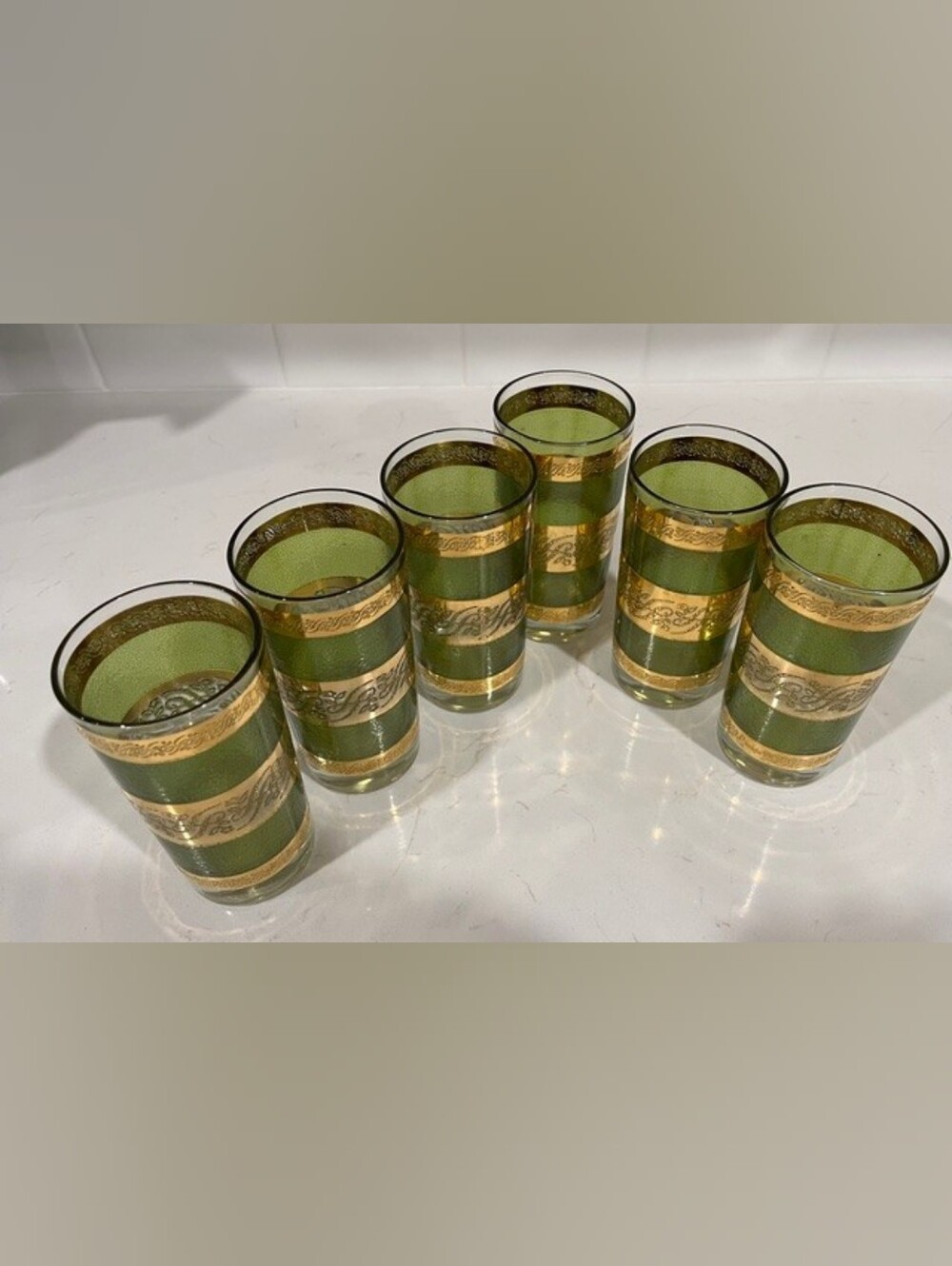 Vintage MCM Starlyte Green & 22k Gold Scroll Highball Glasses - Set of 6 EUC